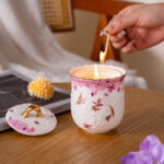 Freesia Scented Soy-Wax Candle Gift Set – 2 Ceramic Jars w/ 24K Gold Rim, Gift Box & Tote - Dancing butterfly - Image 2