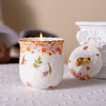 Freesia Scented Soy-Wax Candle Gift Set – 2 Ceramic Jars w/ 24K Gold Rim, Gift Box & Tote - Blooming season - Image 2