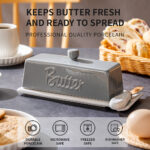 Butter Dish with Lid and Knife: Ceramic Butter Dish with Lid for Countertop, 8 Inch Butter Holder with Knob Handle, Durable Butter Keeper - Grey - Image 2