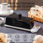 Butter Dish with Lid and Knife: Ceramic Butter Dish with Lid for Countertop, 8 Inch Butter Holder with Knob Handle, Durable Butter Keeper - Black - Image 2