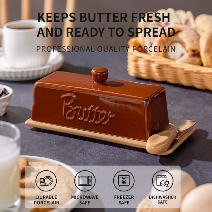 Butter Dish with Lid and Knife: Ceramic Butter Dish with Lid for Countertop, 8 Inch Butter Holder with Knob Handle, Durable Butter Keeper - Brown - Image 2