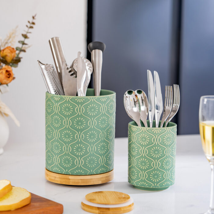 Utensil Holder Set of 2, 7.7"+5.7" Ceramic Kitchen Utensil Holder for Countertop, Farmhouse Vintage Utensil Crock, 360° Rotating Large Utensil Organizer - Green - Image 2