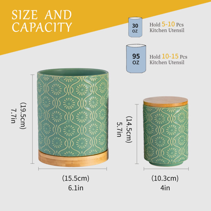 Utensil Holder Set of 2, 7.7"+5.7" Ceramic Kitchen Utensil Holder for Countertop, Farmhouse Vintage Utensil Crock, 360° Rotating Large Utensil Organizer - Green - Image 7