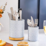 Utensil Holder Set of 2, 7.7"+5.7" Ceramic Kitchen Utensil Holder for Countertop, Farmhouse Vintage Utensil Crock, 360° Rotating Large Utensil Organizer - Light blue - Image 2