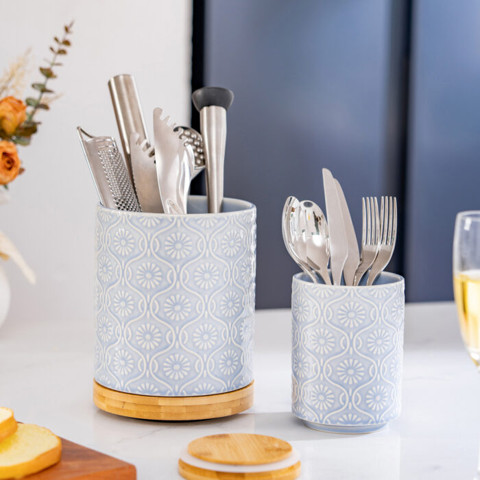 Utensil Holder Set of 2, 7.7"+5.7" Ceramic Kitchen Utensil Holder for Countertop, Farmhouse Vintage Utensil Crock, 360° Rotating Large Utensil Organizer - Light blue - Image 2