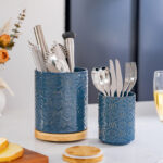 Utensil Holder Set of 2, 7.7"+5.7" Ceramic Kitchen Utensil Holder for Countertop, Farmhouse Vintage Utensil Crock, 360° Rotating Large Utensil Organizer - Dark blue - Image 2