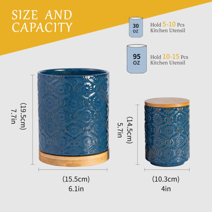 Utensil Holder Set of 2, 7.7"+5.7" Ceramic Kitchen Utensil Holder for Countertop, Farmhouse Vintage Utensil Crock, 360° Rotating Large Utensil Organizer - Dark blue - Image 7