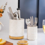 Utensil Holder Set of 2, 7.7"+5.7" Ceramic Kitchen Utensil Holder for Countertop, Farmhouse Vintage Utensil Crock, 360° Rotating Large Utensil Organizer - Ivory - Image 2