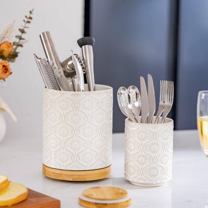 Utensil Holder Set of 2, 7.7"+5.7" Ceramic Kitchen Utensil Holder for Countertop, Farmhouse Vintage Utensil Crock, 360° Rotating Large Utensil Organizer - Ivory - Image 2
