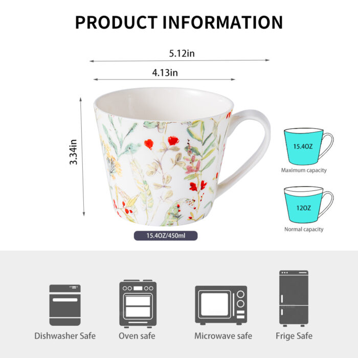 Coffee Mugs Set of 4 – 15.2 oz Bone China Nature Floral Collection - Image 9