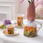 Oil Painting on Durable Porcelain Tea Set 9 pcs – Tulip Garden - Image 2