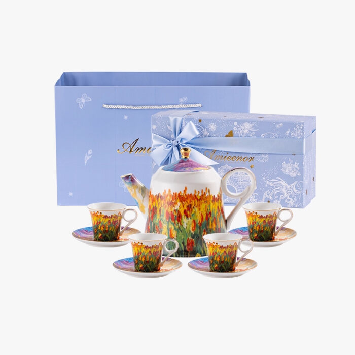 Oil Painting on Durable Porcelain Tea Set 9 pcs – Tulip Garden - Image 9