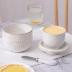 Butter Crock Ceramic 8 oz – Floral & Butter-Embossed French Butter Keeper, Countertop Butter Dish with Lid & Water-Line Design - Ivory - Image 2