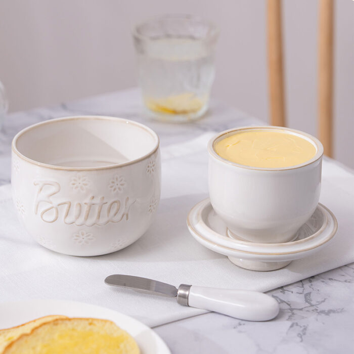 Butter Crock Ceramic 8 oz – Floral & Butter-Embossed French Butter Keeper, Countertop Butter Dish with Lid & Water-Line Design - Ivory - Image 2