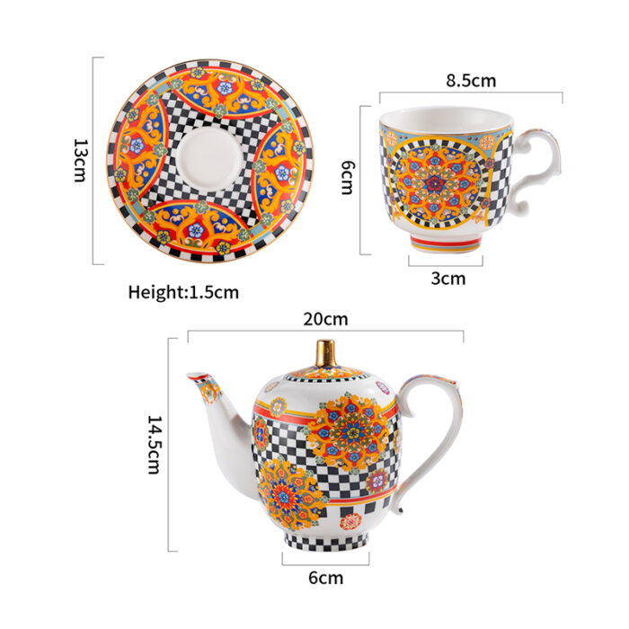 Coffee Set of 13 pcs – 600 ml Teapot + 6 Espresso Cups & Saucers, Gold-Trimmed, Gift Boxed - Image 7
