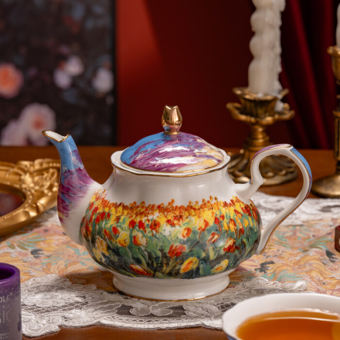 Fine Bone-China Tea Cup & Saucer Set – 160 ml, 24K Gold Handle,Tulip Garden - 1teapot and 2 cups & 2 saucers - Image 2