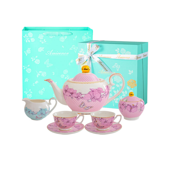 Fine Porcelain Tea Set – Pink Teapot+creamer+canister+2cups+2 saucers-the Charm of Orchids - Image 6