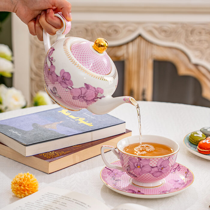 Fine Porcelain Tea Set – Pink 2 cups + 2 saucers-the Charm of Orchids - Image 2