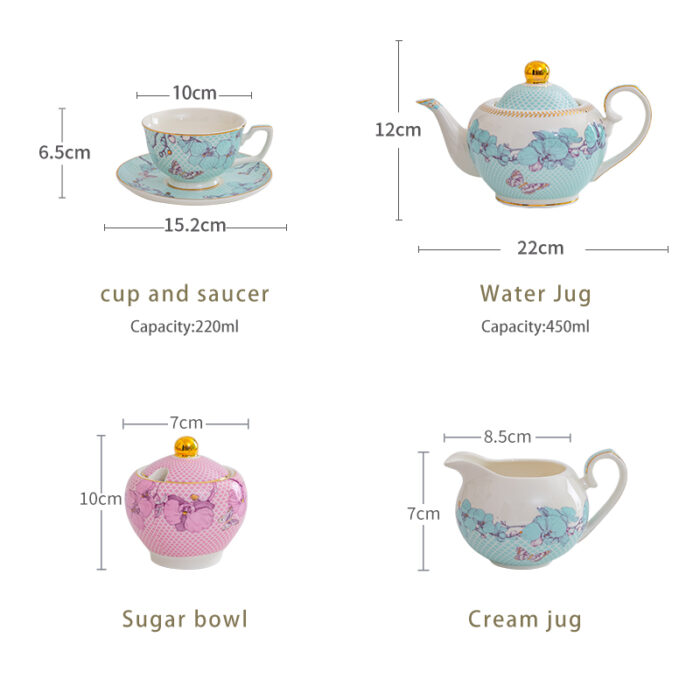 Fine Porcelain Tea Set – Blue Teapot+creamer+canister+2 cups+2saucers-the Charm of Orchids - Image 6