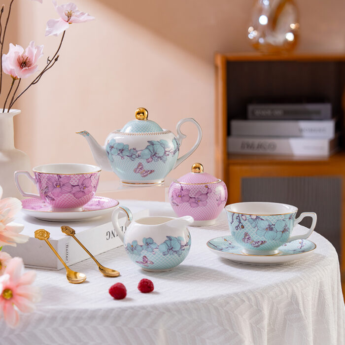 Fine Porcelain Tea Set – Blue 2 cups+ 2 saucers-the Charm of Orchids - Image 2