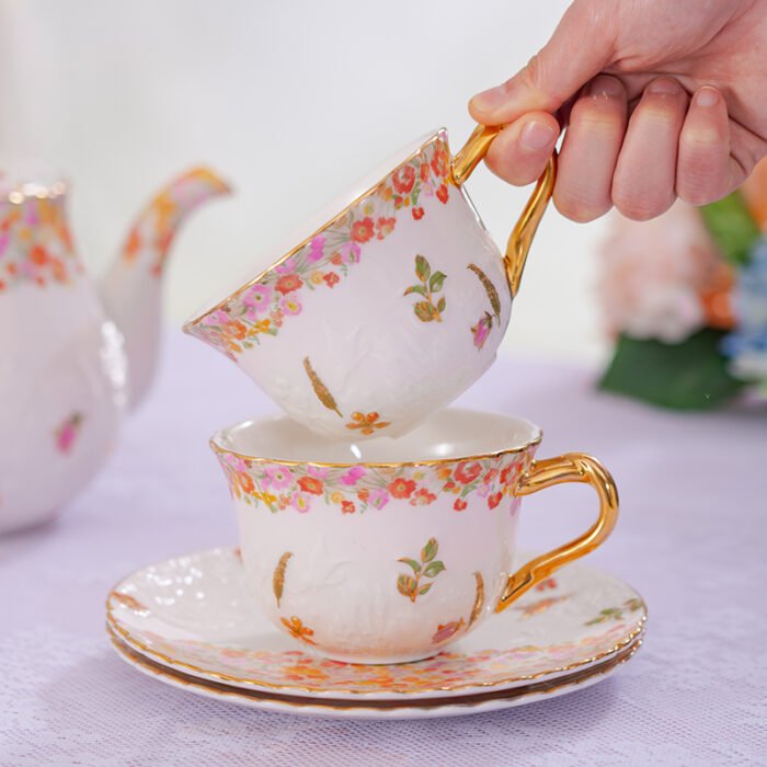 2-Cup & 2-Saucer Gift Set – 24 K Gold Rim and Handle-Blooming Season - Image 2