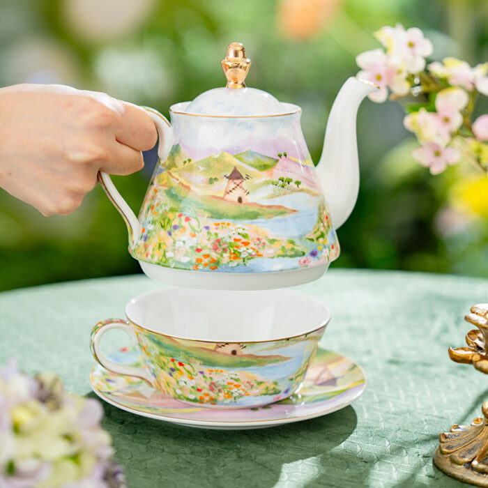 Watercolor “Wilderness” Gold-Rim Bone-China Tea-for-One Set, Luxury Gift Set - Image 2