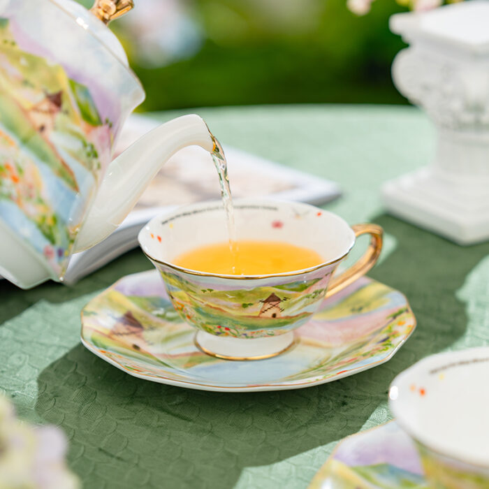 Watercolor “Wilderness” 160 ml Gold-Handle Bone-China Cup & Saucer Luxury Gift Set - set of 2 cup &2 saucer - Image 2