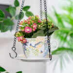 6.3" Ceramic Hanging Planter with Chain – Cup-Shaped Indoor/Outdoor Pot & Candle Holder - FLORAL - Image 2