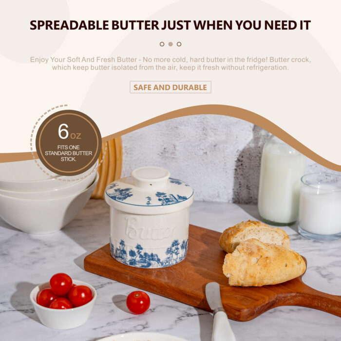 French Butter Crock Porcelain Keeper – Airtight Water-Seal 6.7 oz Countertop Soft Butter Dish, Clover Décor & Housewarming Gift - Blue classic - Image 2
