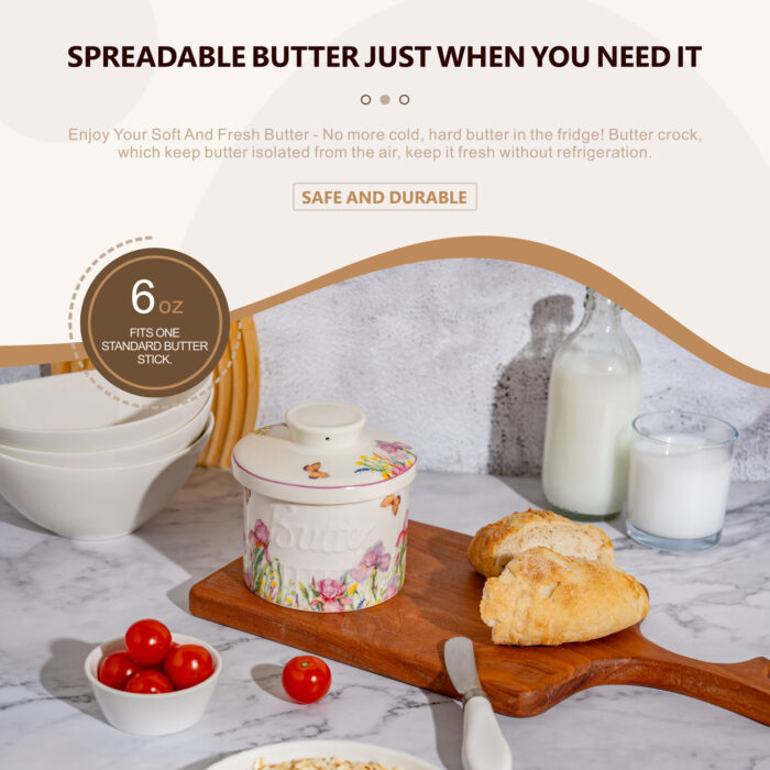 French Butter Crock Porcelain Keeper – Airtight Water-Seal 6.7 oz Countertop Soft Butter Dish, Clover Décor & Housewarming Gift - Sweet spring - Image 2