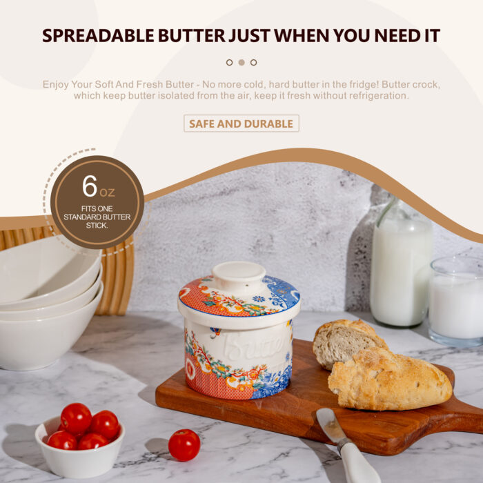 French Butter Crock Porcelain Keeper – Airtight Water-Seal 6.7 oz Countertop Soft Butter Dish, Clover Décor & Housewarming Gift - Mixed vintage - Image 2
