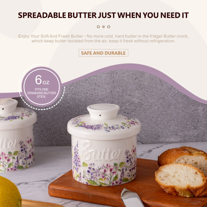French Butter Crock Porcelain Keeper – Airtight Water-Seal 6.7 oz Countertop Soft Butter Dish, Clover Décor & Housewarming Gift - Lilac Love - Image 2