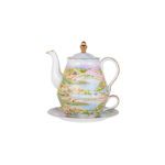 Watercolor “Wilderness” Gold-Rim Bone-China Tea-for-One Set, Luxury Gift Set