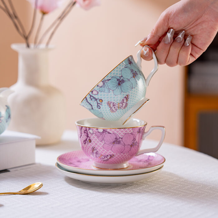 Fine Porcelain Tea Set – Pink 2 cups + 2 saucers-the Charm of Orchids - Image 3
