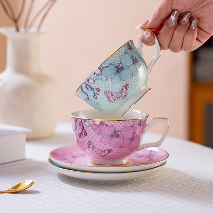 Fine Porcelain Tea Set – Blue 2 cups+ 2 saucers-the Charm of Orchids - Image 3