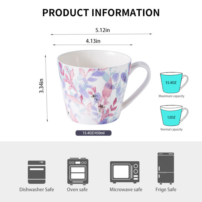 Coffee Mugs Set of 4 – 15.2 oz Bone China Nature Floral Collection - Image 10