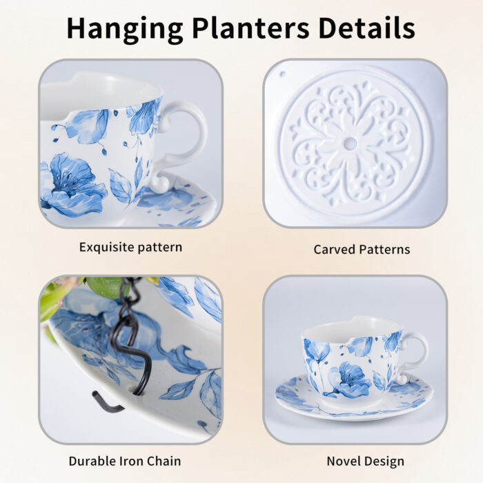 6.3" Ceramic Hanging Planter with Chain – Cup-Shaped Indoor/Outdoor Pot & Candle Holder - BLUE - Image 4