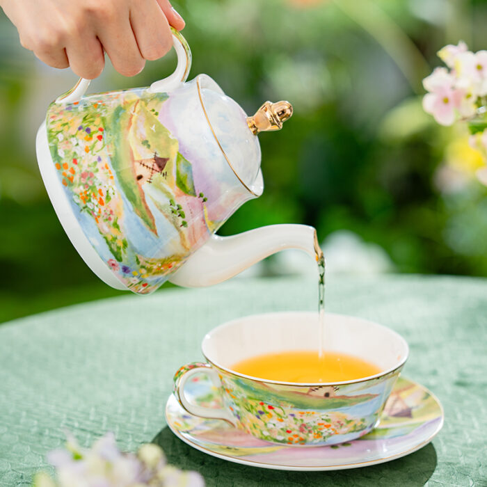 Watercolor “Wilderness” Gold-Rim Bone-China Tea-for-One Set, Luxury Gift Set - Image 3