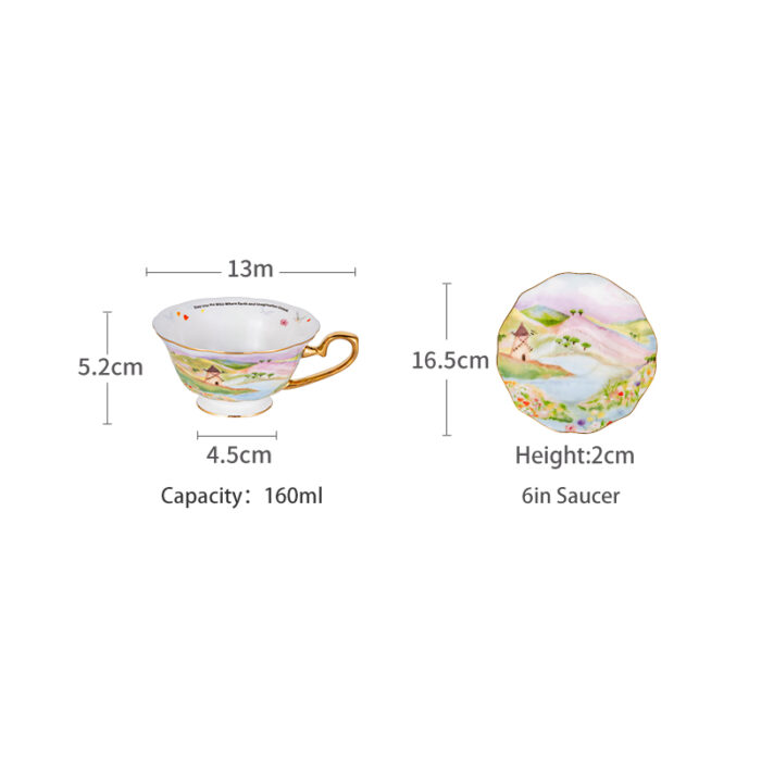 Watercolor “Wilderness” 160 ml Gold-Handle Bone-China Cup & Saucer Luxury Gift Set - set of 2 cup &2 saucer - Image 7