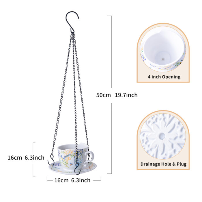 6.3" Ceramic Hanging Planter with Chain – Cup-Shaped Indoor/Outdoor Pot & Candle Holder - FLORAL - Image 8