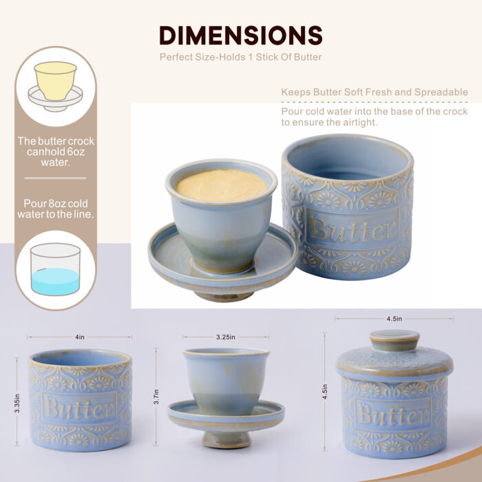 Butter Crock, Ceramic Butter Dish with Lid, 6.7 oz French Butter Keeper, Reactive Glaze – Light Blue - Image 7