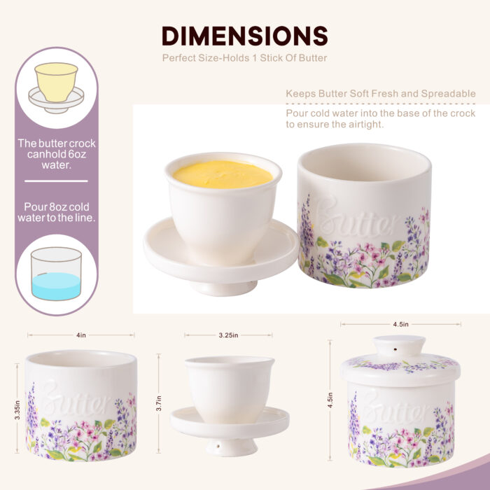French Butter Crock Porcelain Keeper – Airtight Water-Seal 6.7 oz Countertop Soft Butter Dish, Clover Décor & Housewarming Gift - Lilac Love - Image 7