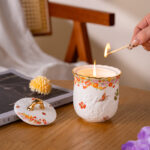 Freesia Scented Soy-Wax Candle Gift Set – 2 Ceramic Jars w/ 24K Gold Rim, Gift Box & Tote - Blooming season - Image 3