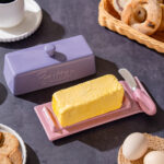 Butter Dish with Lid and Knife: Ceramic Butter Dish with Lid for Countertop, 8 Inch Butter Holder with Knob Handle, Durable Butter Keeper - Purple - Image 3