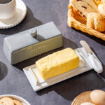 Butter Dish with Lid and Knife: Ceramic Butter Dish with Lid for Countertop, 8 Inch Butter Holder with Knob Handle, Durable Butter Keeper - Grey - Image 3