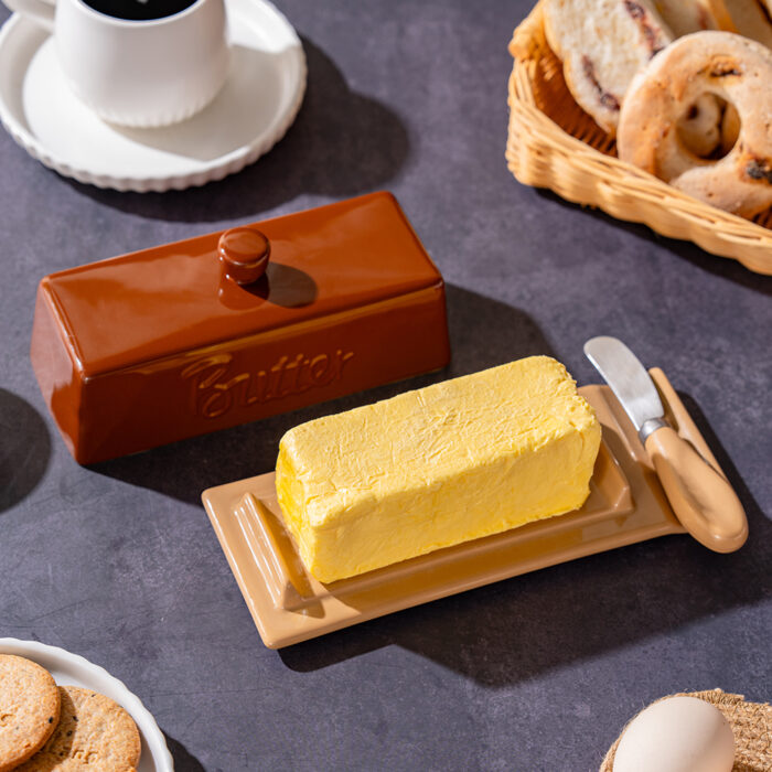 Butter Dish with Lid and Knife: Ceramic Butter Dish with Lid for Countertop, 8 Inch Butter Holder with Knob Handle, Durable Butter Keeper - Brown - Image 3