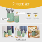 Utensil Holder Set of 2, 7.7"+5.7" Ceramic Kitchen Utensil Holder for Countertop, Farmhouse Vintage Utensil Crock, 360° Rotating Large Utensil Organizer - Green - Image 3