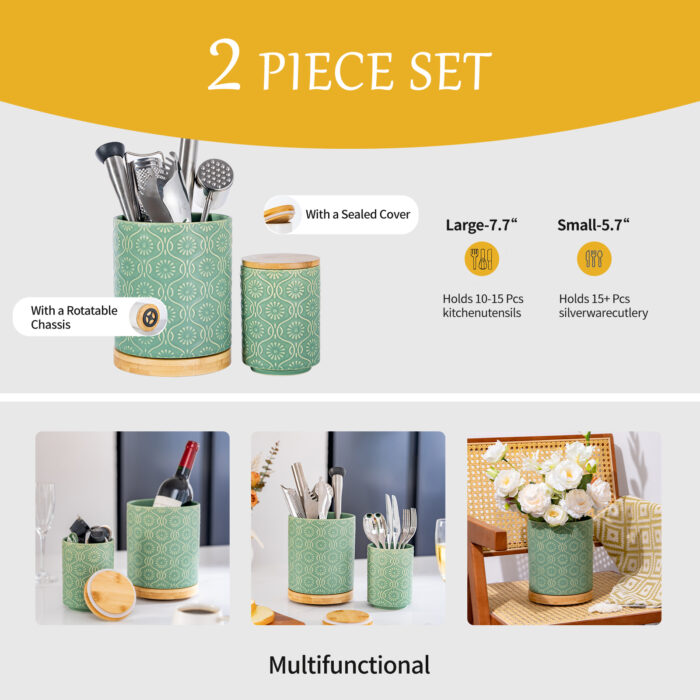 Utensil Holder Set of 2, 7.7"+5.7" Ceramic Kitchen Utensil Holder for Countertop, Farmhouse Vintage Utensil Crock, 360° Rotating Large Utensil Organizer - Green - Image 3