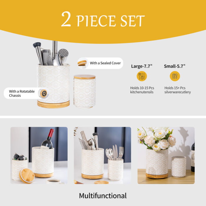 Utensil Holder Set of 2, 7.7"+5.7" Ceramic Kitchen Utensil Holder for Countertop, Farmhouse Vintage Utensil Crock, 360° Rotating Large Utensil Organizer - Ivory - Image 3