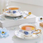 Fine Bone-China Tea Cup & Saucer Set – 160 ml, 24K Gold Handle, -Blue Luxe - Image 3